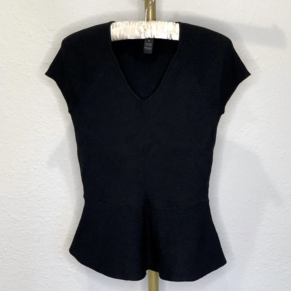 NWOT INC International Concepts Petite Black Peplum Knit Top V-Neck Cap Sleeve